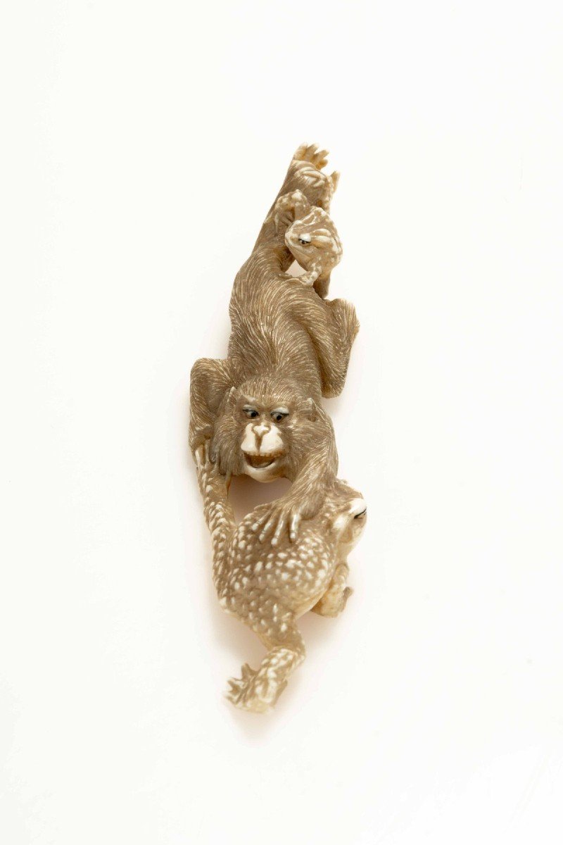 A Marine Ivory Okimono Depicting A Monkey With Toads