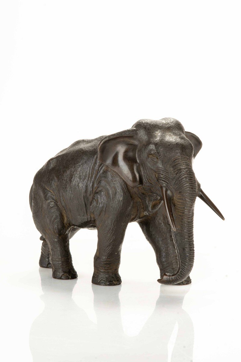 A Bronze Okimono Depicting A Walking Elephant-photo-3