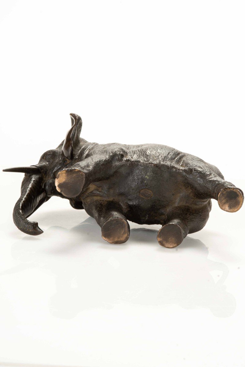 A Bronze Okimono Depicting A Walking Elephant-photo-2