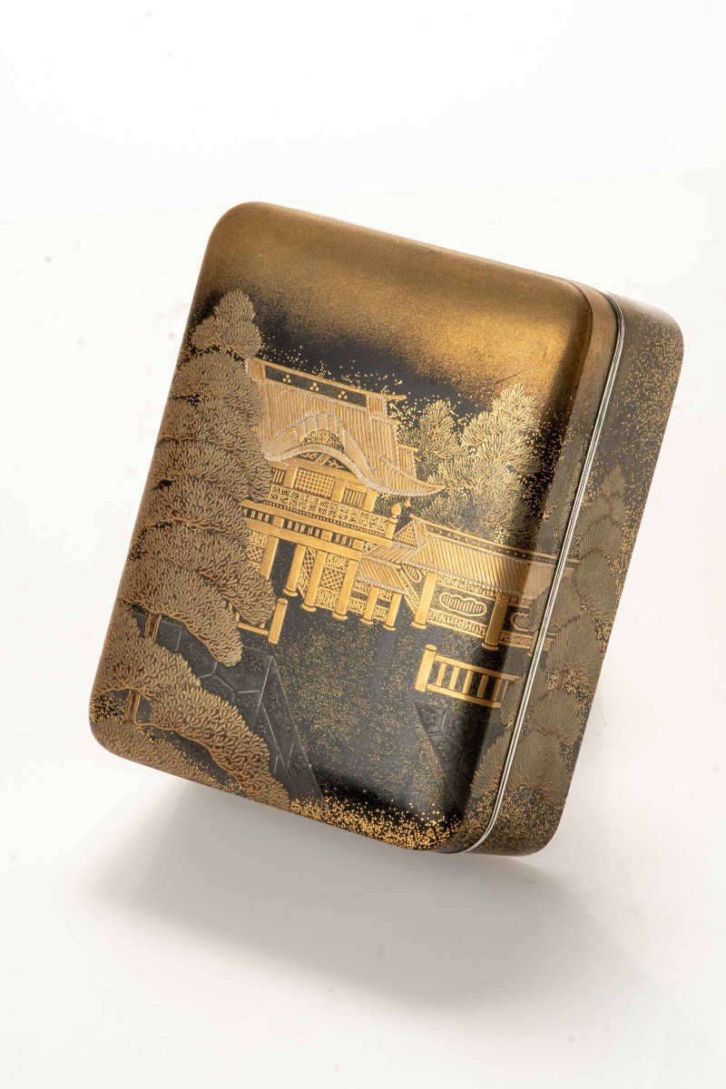 A Maki-e Lacquer Tebako Box Embellished With Gold Decorations