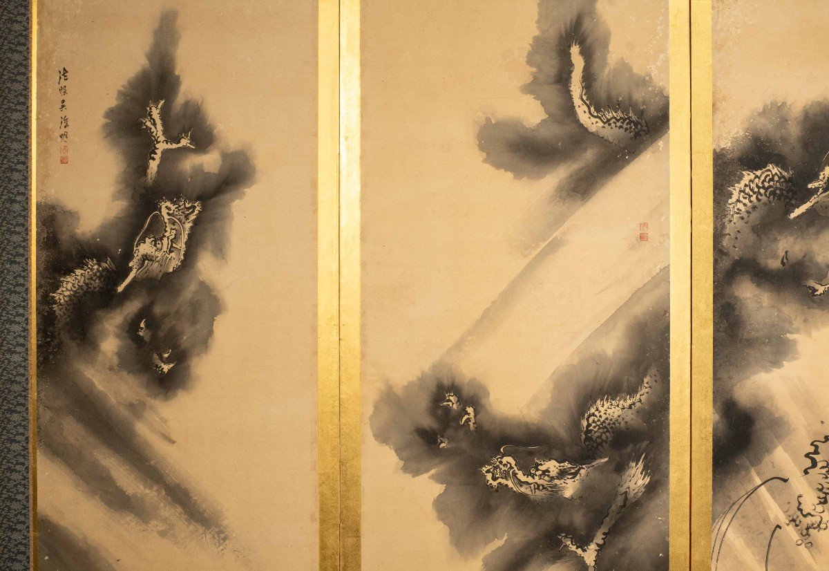 A Six-panel Screen Depicting Six Dragons Painted On Paper With A Gold Leaf Background-photo-2