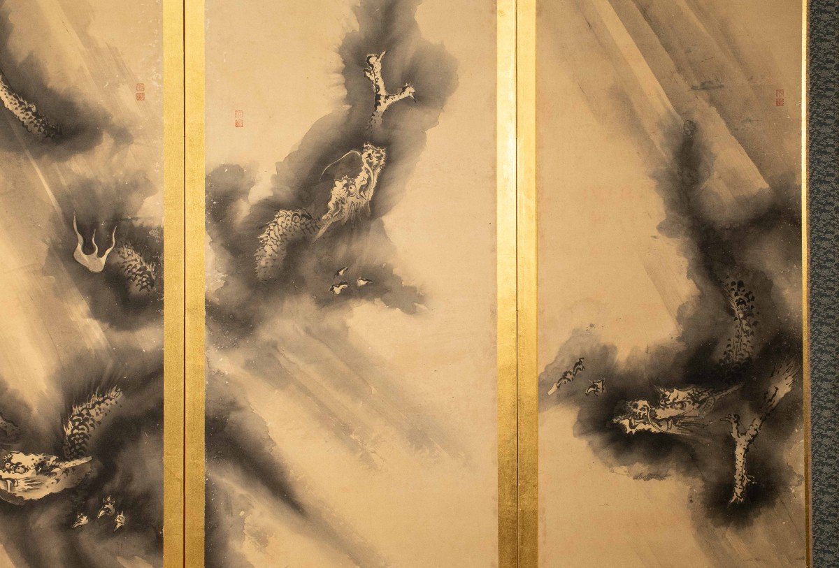 A Six-panel Screen Depicting Six Dragons Painted On Paper With A Gold Leaf Background-photo-5