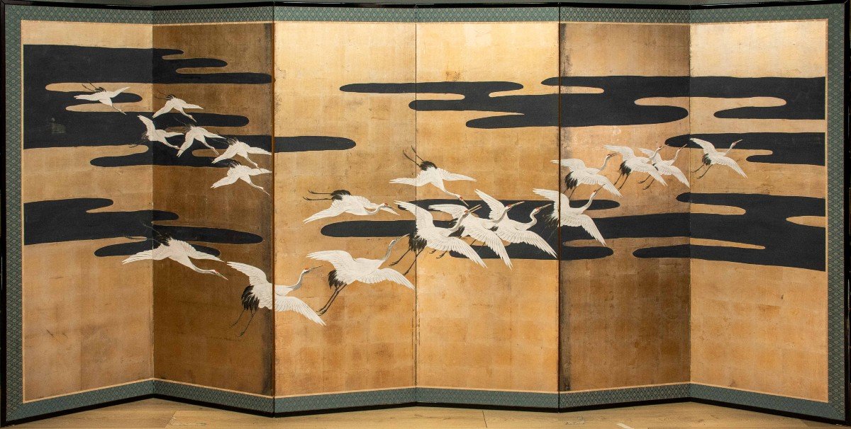 A Six-panel Folding Screen Painted On Paper Depicting A Flock Of Manchurian Cranes In Flight -photo-4