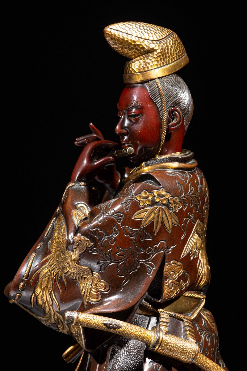 A Bronze Okimono Depicting Fujiwara No Yasumasa, Signed Miyao-photo-1