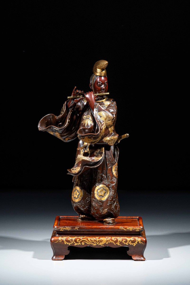 A Bronze Okimono Depicting Fujiwara No Yasumasa, Signed Miyao