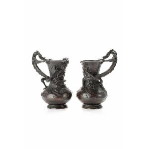 Pair Of Bronze Vases With Ryu Dragon 