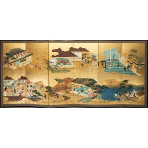 A Six-panel Japanese Screen Depicting Scenes Of Daily Life