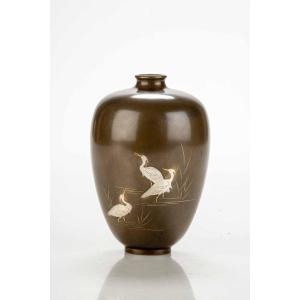 A Japanese Bronze Vase With Three Egrets