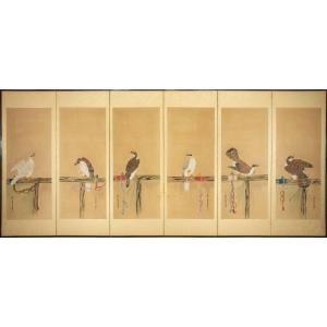 A Six-panel Folding Screen Painted On Paper Depicting Six Hawks