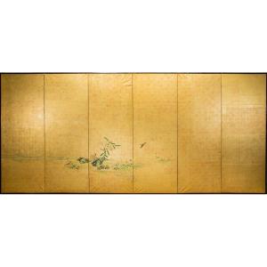 A Japanese Folding Screen Decorated With A Naturalistic Scene