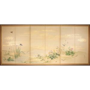 A Six-panel Folding Screen Depicting A Floral And Naturalistic Scene