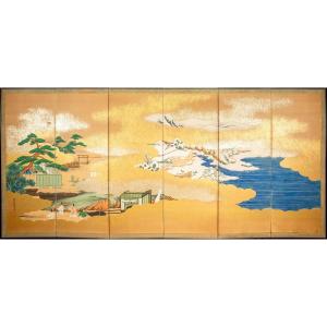 A Six-panel Folding Screen Depicting Scenes From The Tales Of Genji