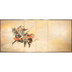 A Pair Of Six-panel Screens Depicting Two Samurai Archers On Horseback