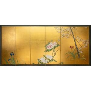 A Six-panel Folding Screen Depicting A Garden Of Flowers