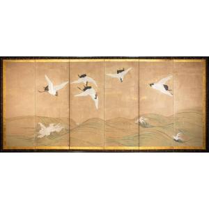 A Six-panel Screen Depicting A Group Of Five Manchurian Cranes