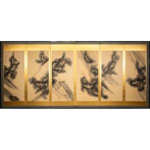 A Six-panel Screen Depicting Six Dragons Painted On Paper With A Gold Leaf Background