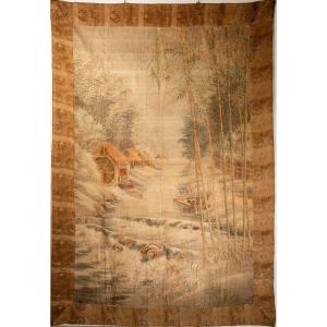 Silk Tapestry Embroidered With Polychrome Threads Depicting A Rural Landscape