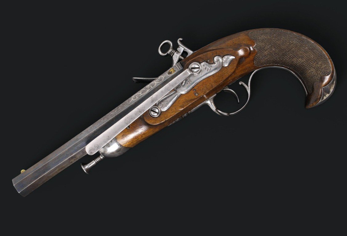 Pistolet d'Officier à Silex, Espagne Vers 1820.-photo-1