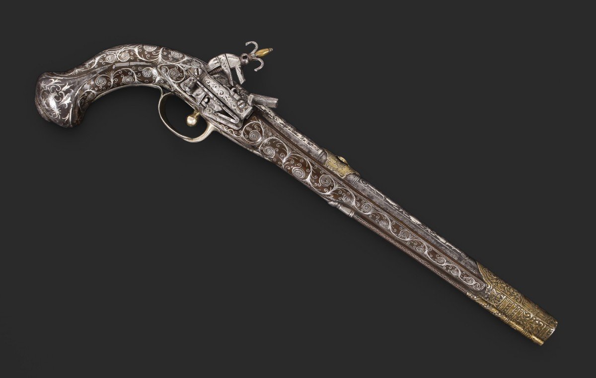 Oriental Miquelet Flintlock Pistol, Decorated With Silver Inlays, Circa 1800.-photo-2