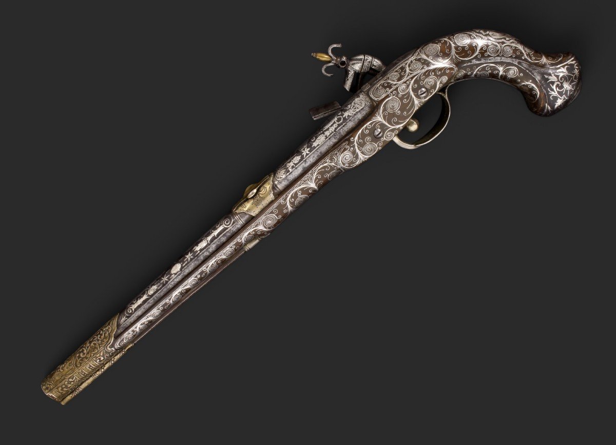 Oriental Miquelet Flintlock Pistol, Decorated With Silver Inlays, Circa 1800.-photo-5