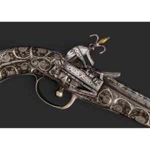 Oriental Miquelet Flintlock Pistol, Decorated With Silver Inlays, Circa 1800.