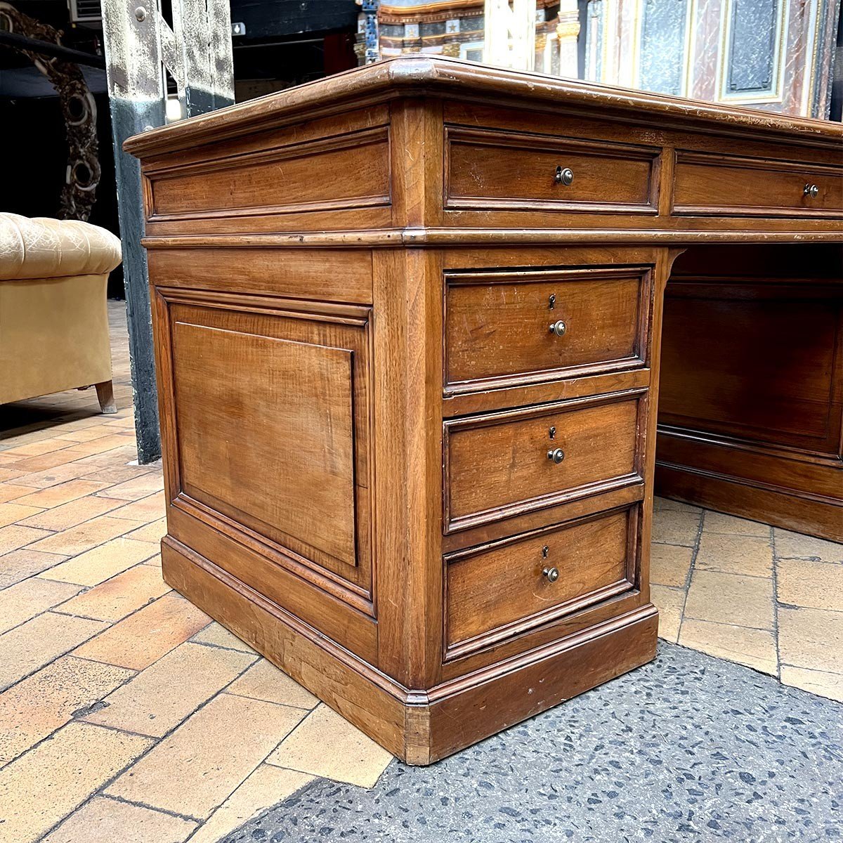 Flat Desk With Pedestals With Its Original Dark Leather-photo-4