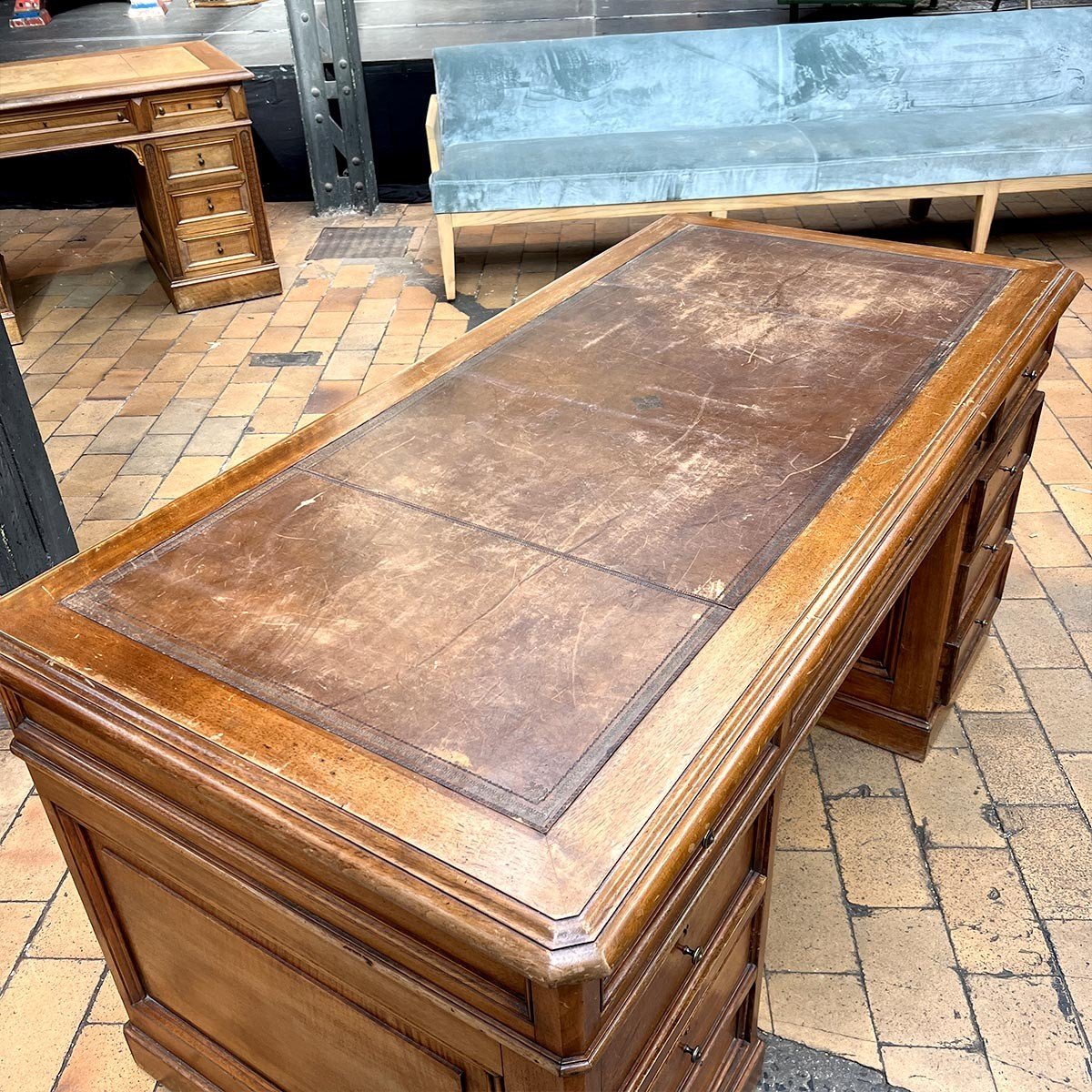 Flat Desk With Pedestals With Its Original Dark Leather-photo-1