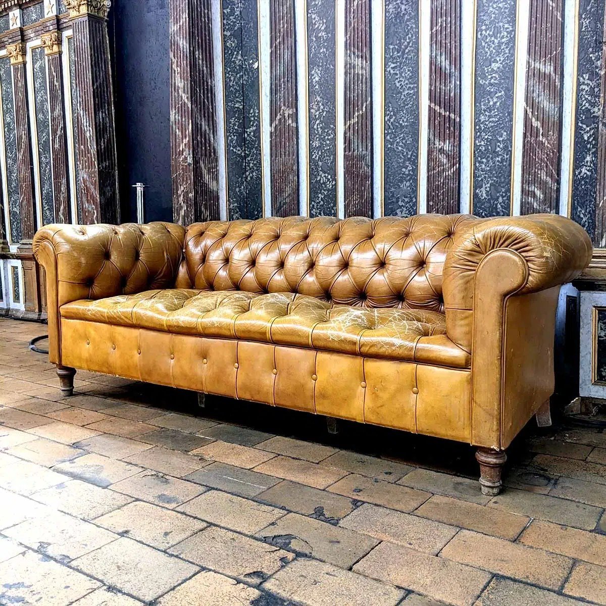 Beige Leather Chesterfield Sofa