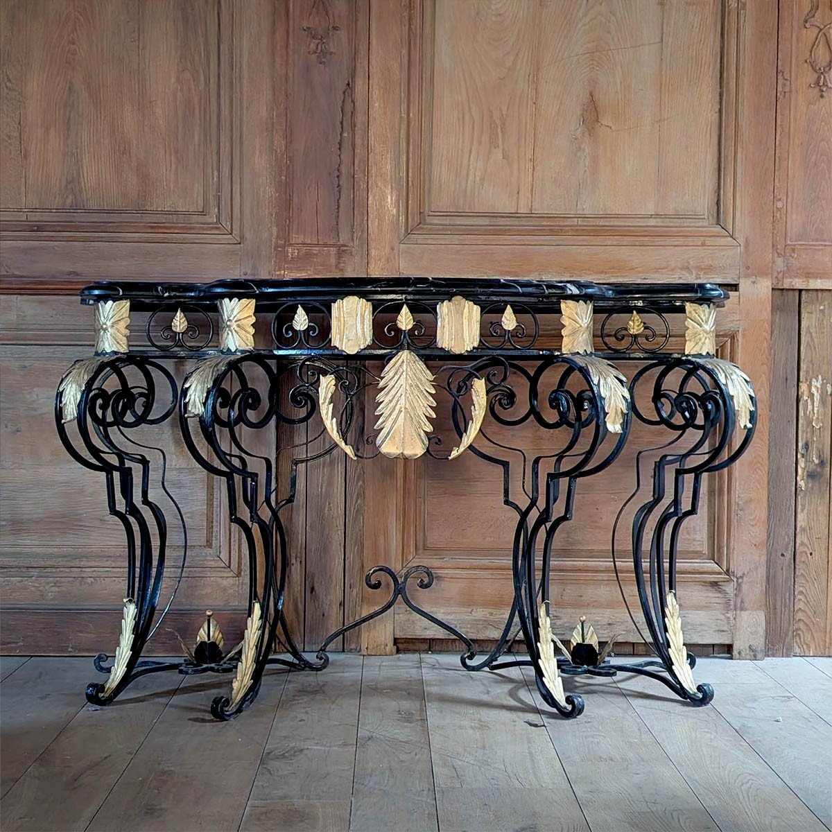 Paire De Console Plateau Marbre En Fer Forgé D’esprit Louis XV-photo-2