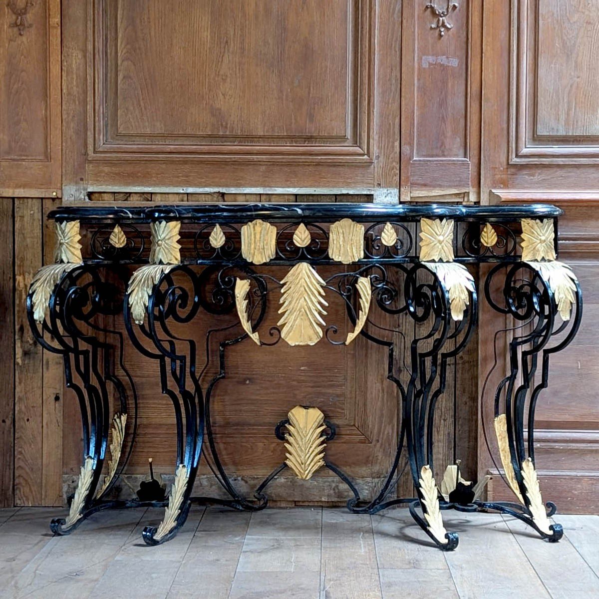 Paire De Console Plateau Marbre En Fer Forgé D’esprit Louis XV-photo-3