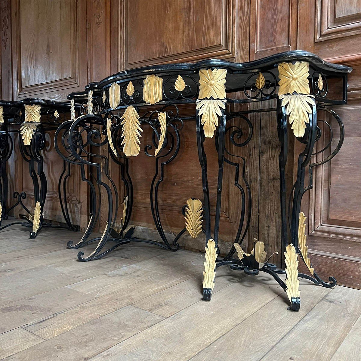 Paire De Console Plateau Marbre En Fer Forgé D’esprit Louis XV-photo-4