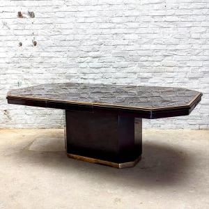 Art Deco Table With Brass Edge And Smoked Glass Top