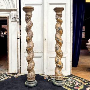 Paire De Colonnes XVIII En Bois Sculpté