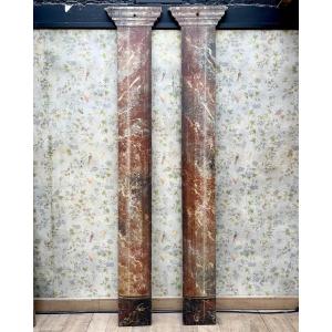 Pair Of Wooden Stage Columns Painted In Faux Marble And After The Antique