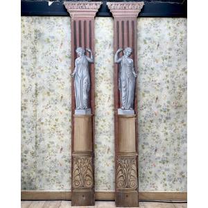 Pair Of Wooden Stage Columns Painted In Faux Marble And After The Antique