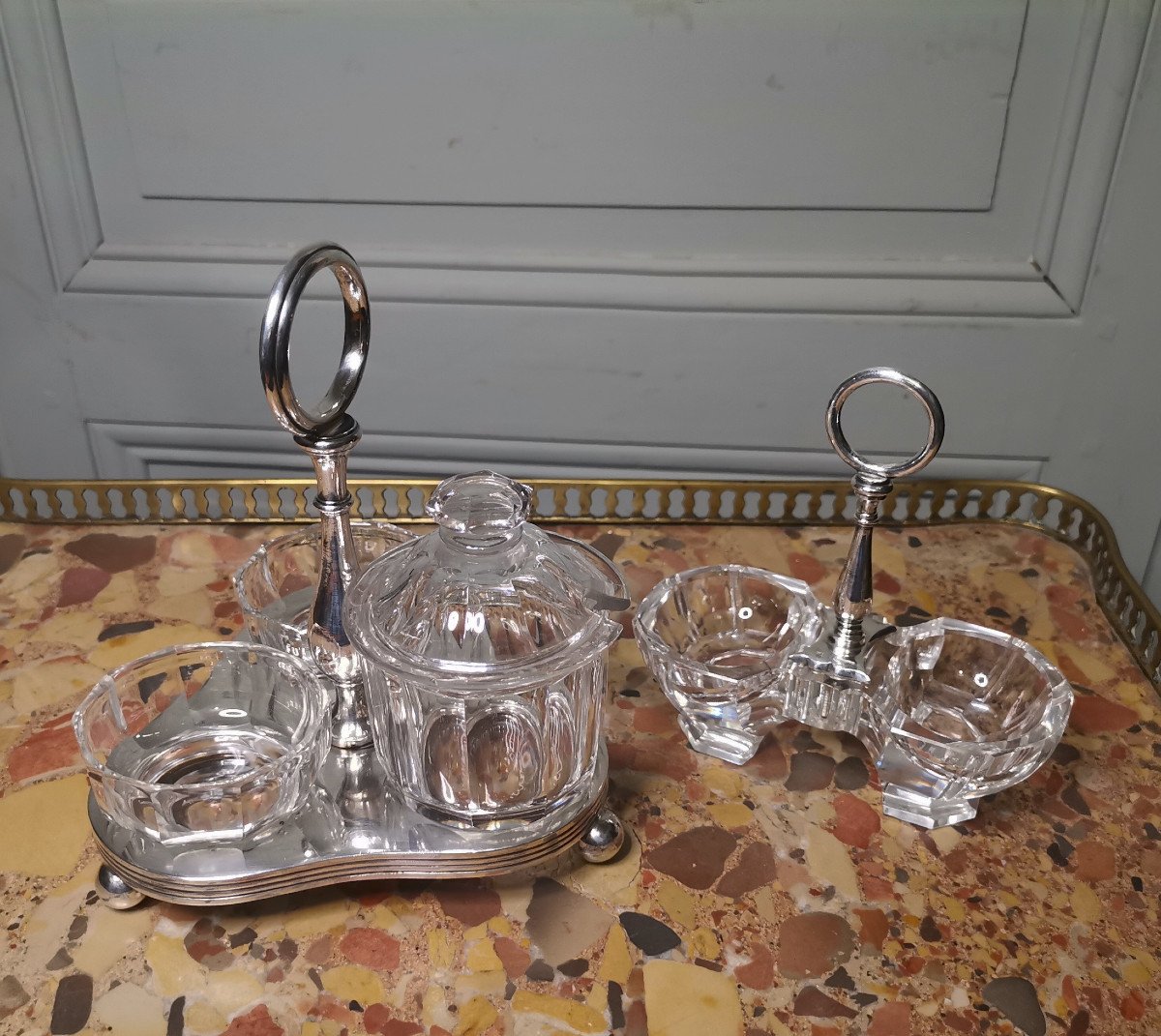 Christofle And Baccarat Crystal Condiment And Salt Cellar Display