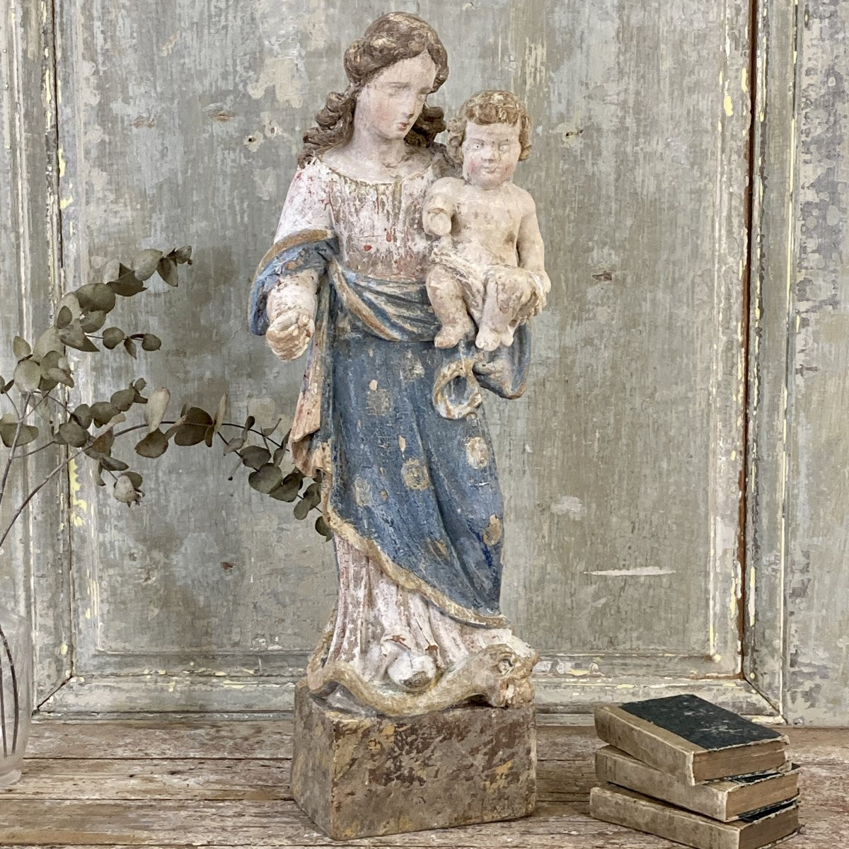 Vierge à l'enfant en bois polychrome XVIII-photo-8