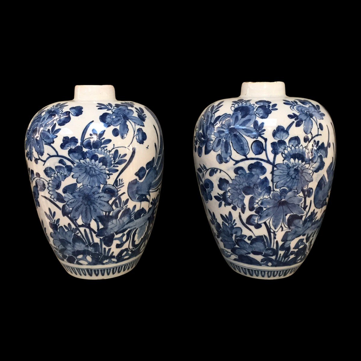 Set Of Two Delft Earthenware Vases With Floral Decor, 18th Century-photo-2