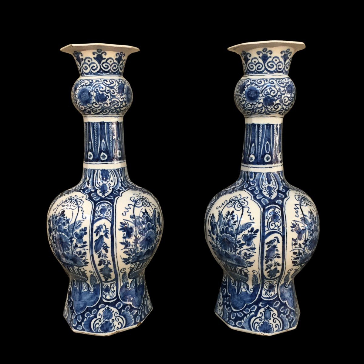 Two Large Dutch Delft Baluster Vases With Floral Decor, 18th Century -photo-2