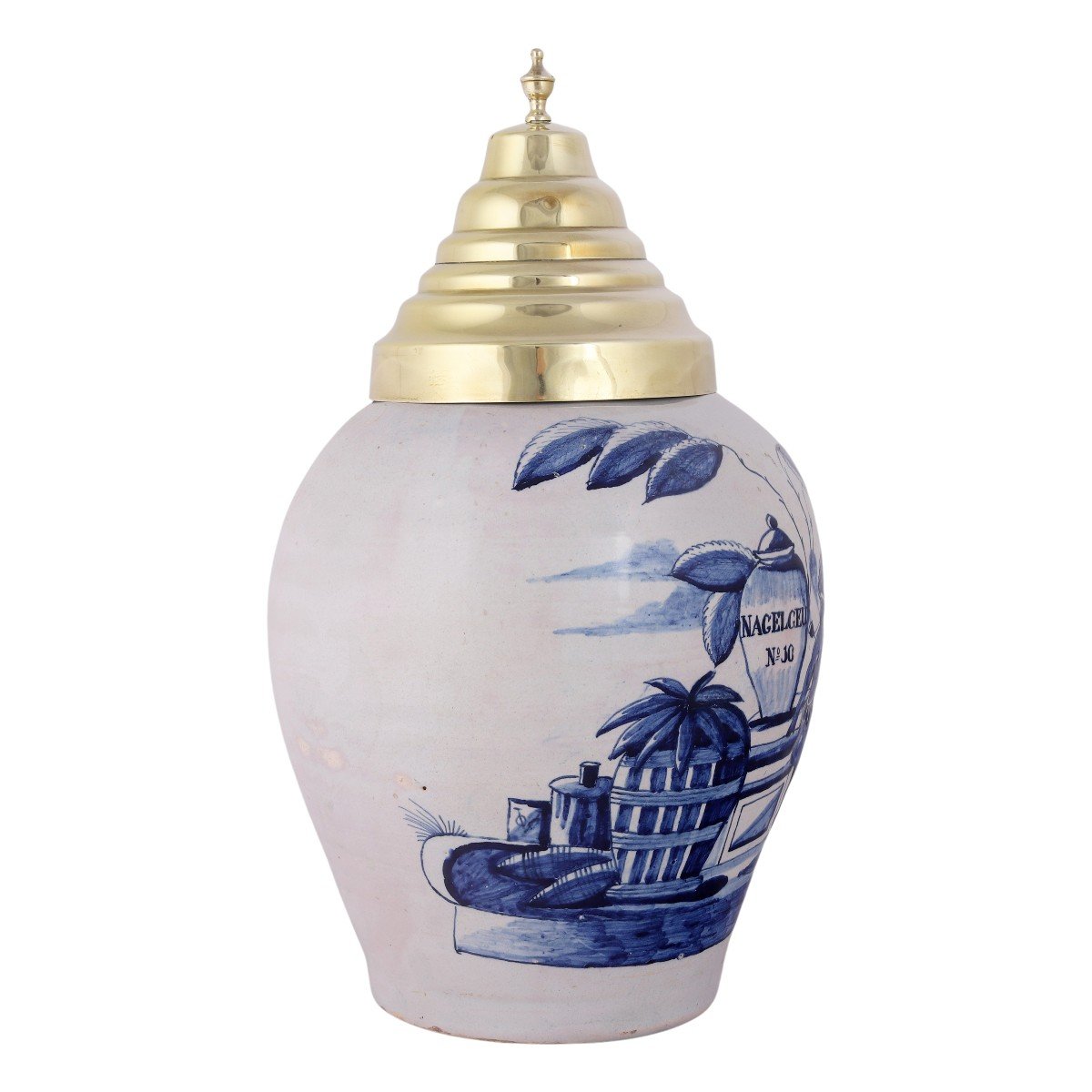 Voc Delftware Tobacco Jar With Original Brass Lid: Nagelgeu, 18th Century-photo-2