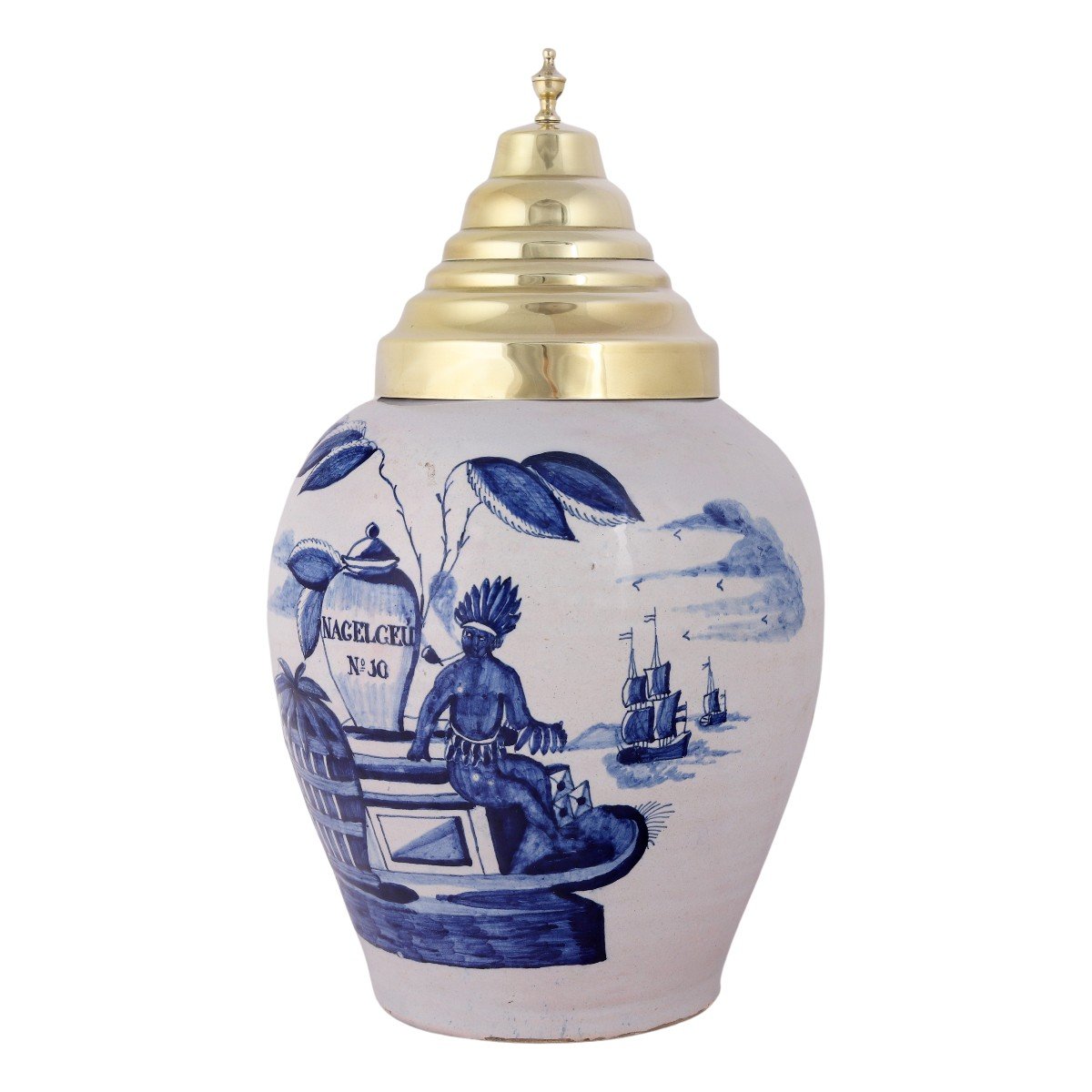 Voc Delftware Tobacco Jar With Original Brass Lid: Nagelgeu, 18th Century-photo-3