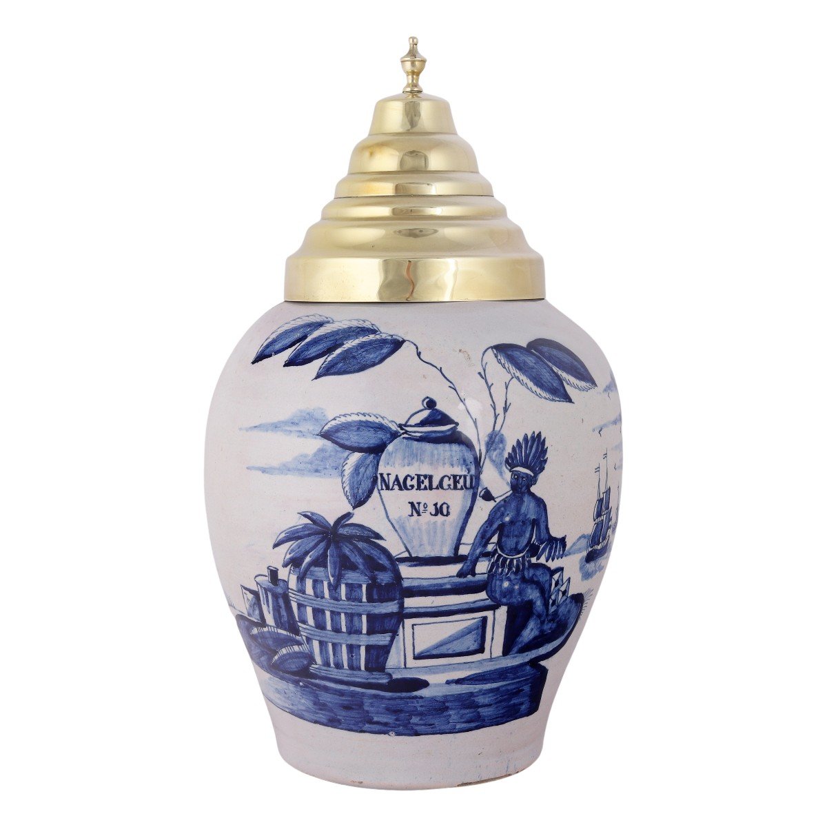 Voc Delftware Tobacco Jar With Original Brass Lid: Nagelgeu, 18th Century