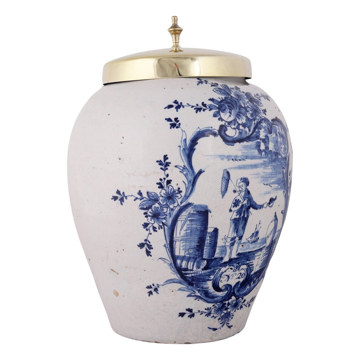 Delftware Tobacco Jar With Original Brass Lid: Fisherman's Rappe, 18th Century-photo-2