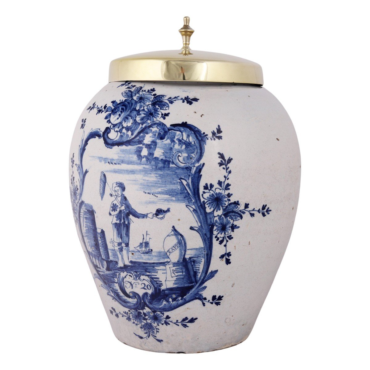 Delftware Tobacco Jar With Original Brass Lid: Fisherman's Rappe, 18th Century-photo-3