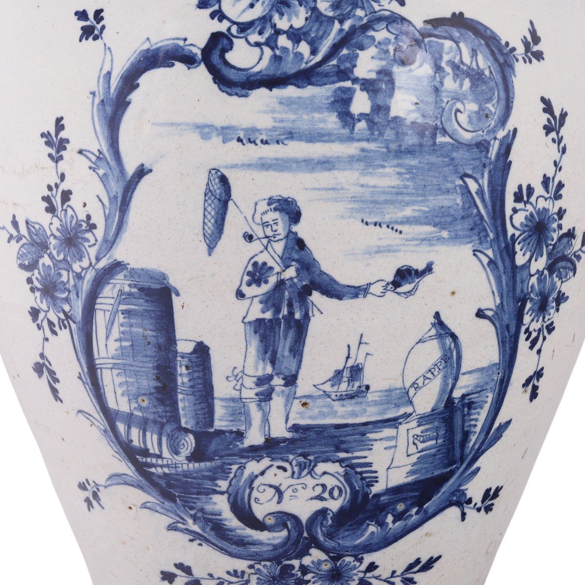 Delftware Tobacco Jar With Original Brass Lid: Fisherman's Rappe, 18th Century-photo-4