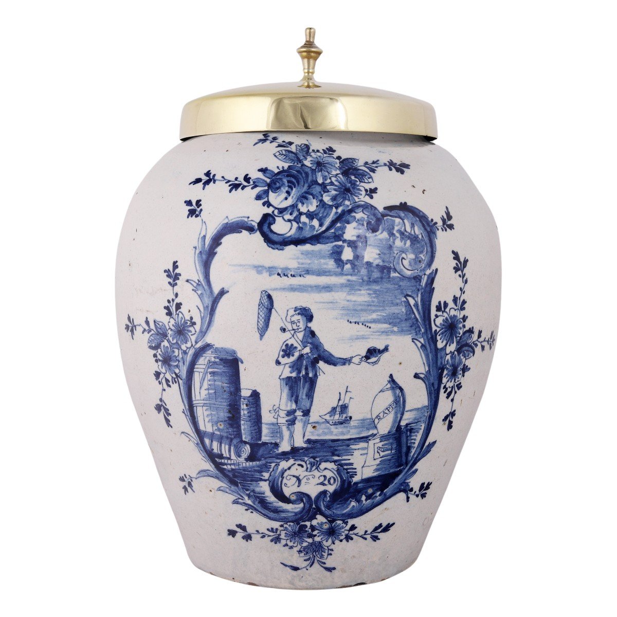 Delftware Tobacco Jar With Original Brass Lid: Fisherman's Rappe, 18th Century