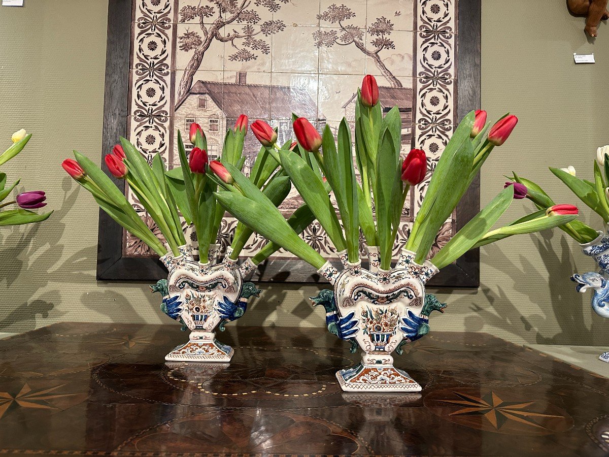 Two Delftware Tulip Vases, Cashmere Palette, 19th Century-photo-2