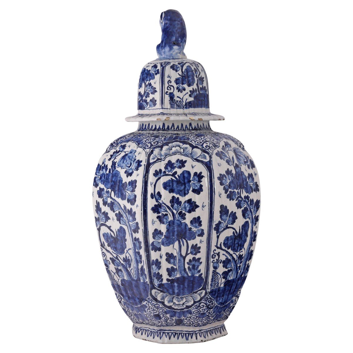 Large Early 18th Century Delftware Lidded Vase With Lion On Top-photo-3