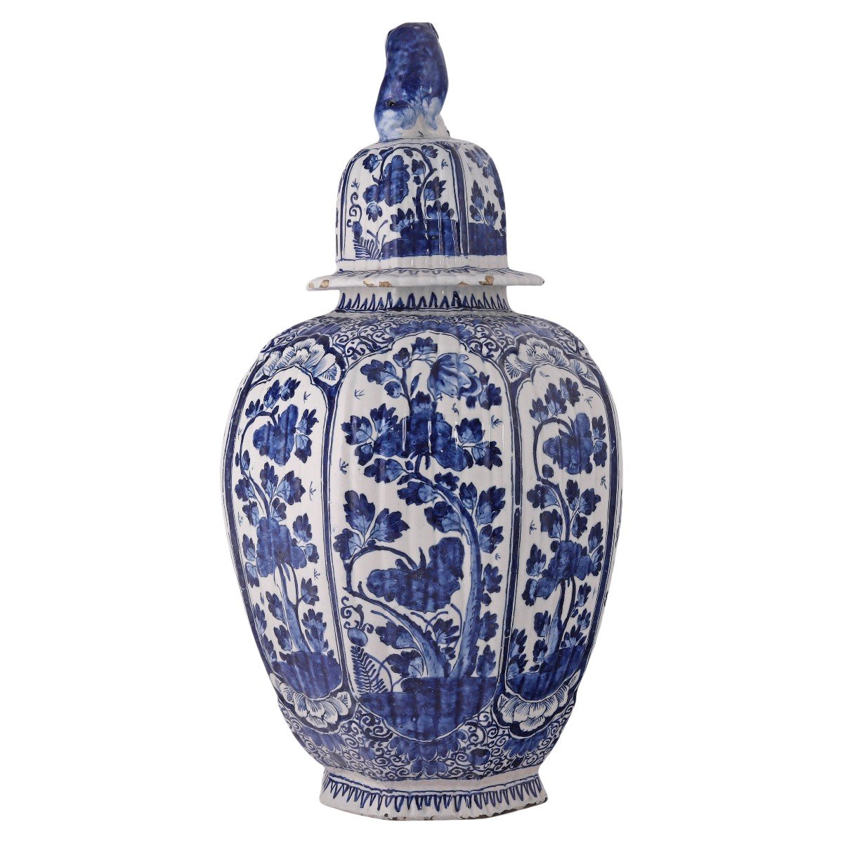 Large Early 18th Century Delftware Lidded Vase With Lion On Top-photo-4