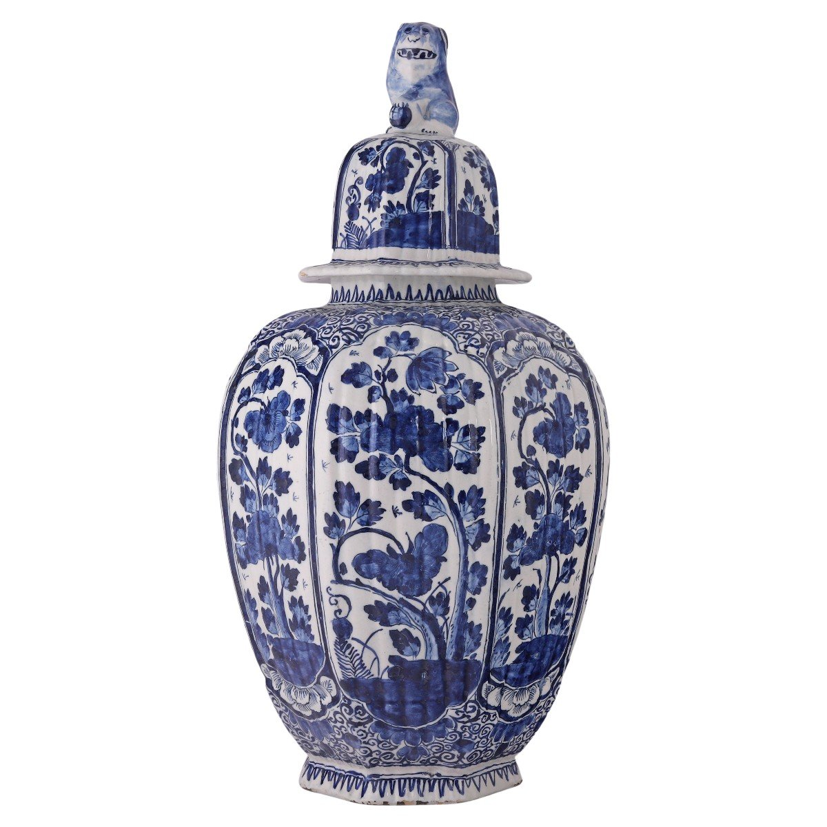 Large Early 18th Century Delftware Lidded Vase With Lion On Top